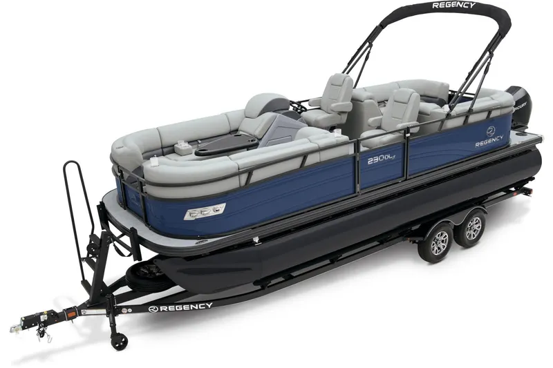 Slide: The Image of 2025 Regency 230 DL3 pontoon boat with powerful outboard motor in showroom. - 6