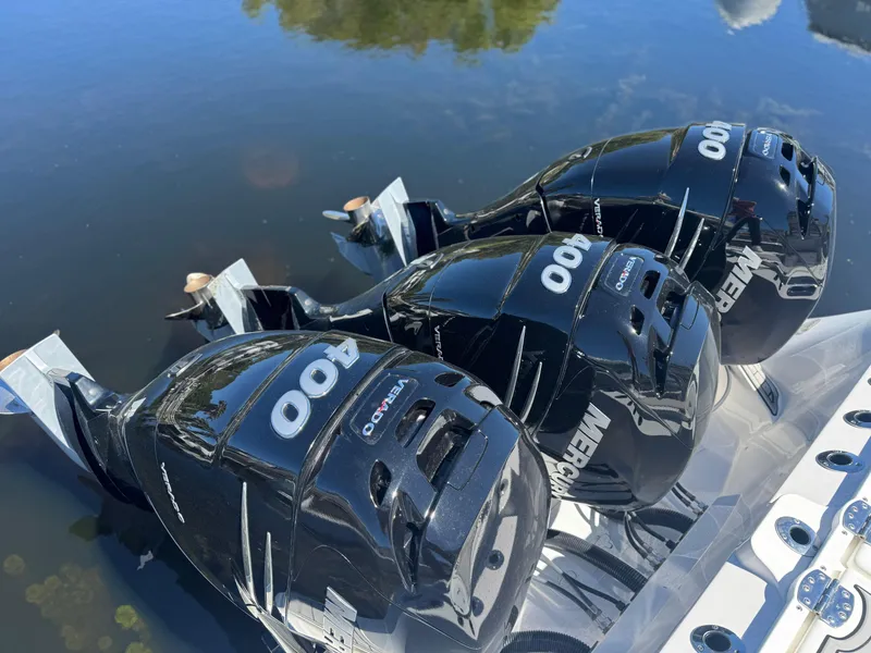 Slide: The Image of Triple Mercury 400 outboard engines on a 2022 Sea Fox 368 Commander boat. - 35