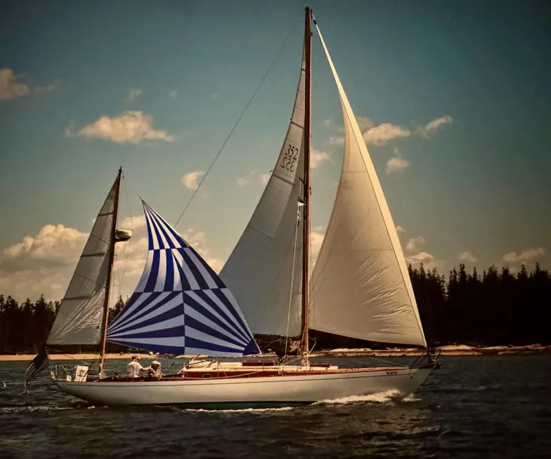 Slide: The Image of 1955 Concordia 39 Yawl sailing with striped spinnaker, against a scenic coastal backdrop. - 42