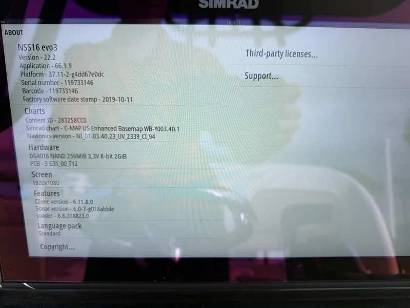 Slide: The Image of Simrad NS16 evo3 display showing system information on a 2016 ShearWater 25LTZ boat. - 16