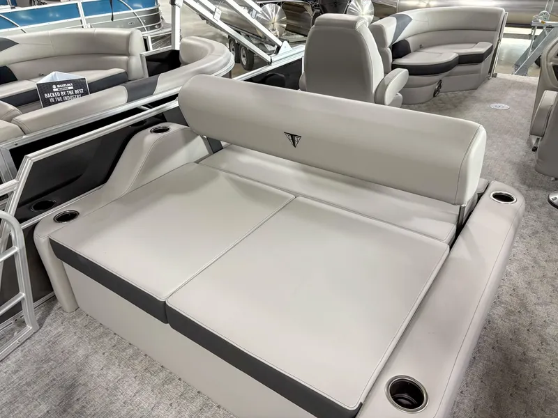 Slide: The Image of 2025 Trifecta 22 UL LE T pontoon boat with luxurious seating and modern design. - 13