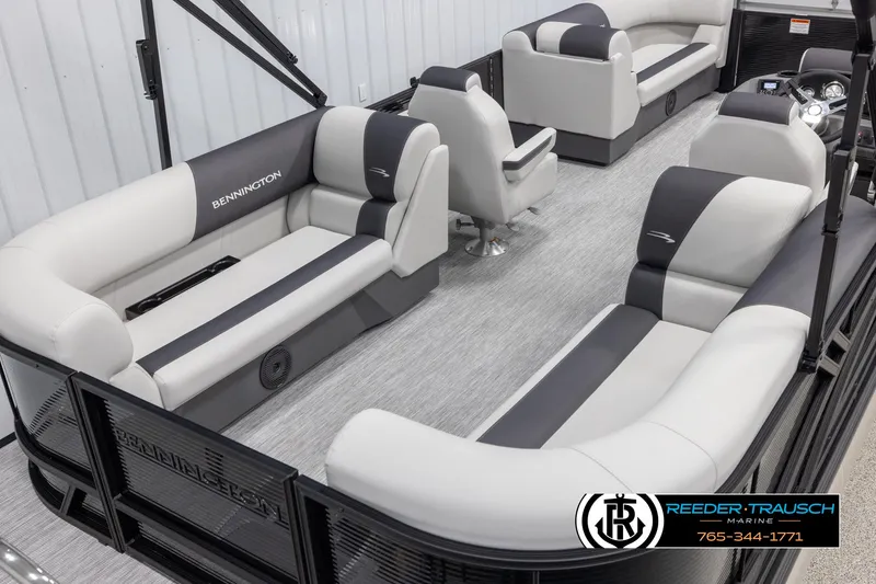 Slide: The Image of 2025 Bennington 22 SSRSE pontoon boat interior with stylish seating and modern design. - 12