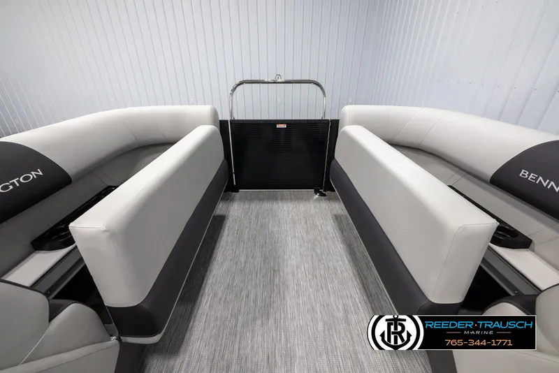 Slide: The Image of 2025 Bennington 22 SSRSE pontoon boat interior with gray seating and flooring. - 16