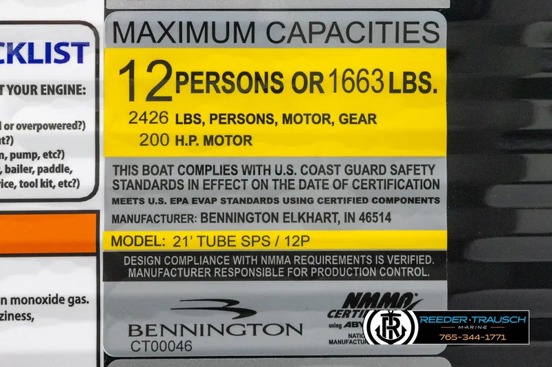 Slide: The Image of Capacity label for 2025 Bennington 22 SSRSE, 12 persons or 1663 lbs, 200 HP motor. - 44