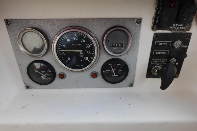 Slide: The Image of Dashboard of a 1982 Morgan 383 sailboat with gauges and switches. - 18