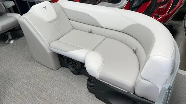 Slide: The Image of Luxurious seating in 2025 Tahoe LTZ 2385 QLS boat, featuring elegant white upholstery. - 14