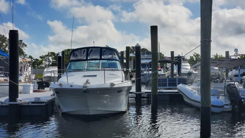 The Image of 2001 Sea Ray 310 Sundancer docked at marina under cloudy sky. - 0