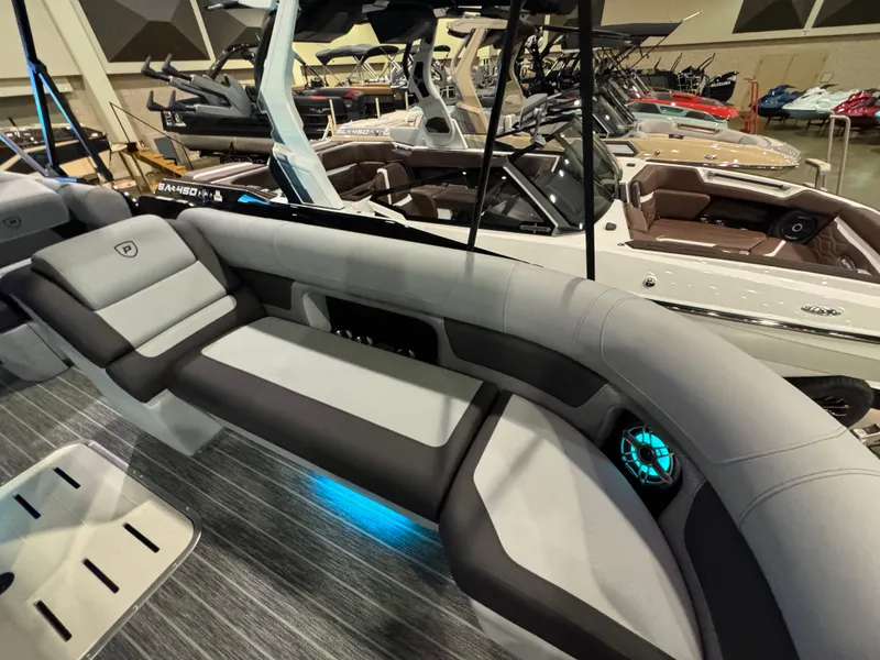 Slide: The Image of 2025 Premier 250 Solaris Rear Social boat interior with sleek seating and modern design. - 20