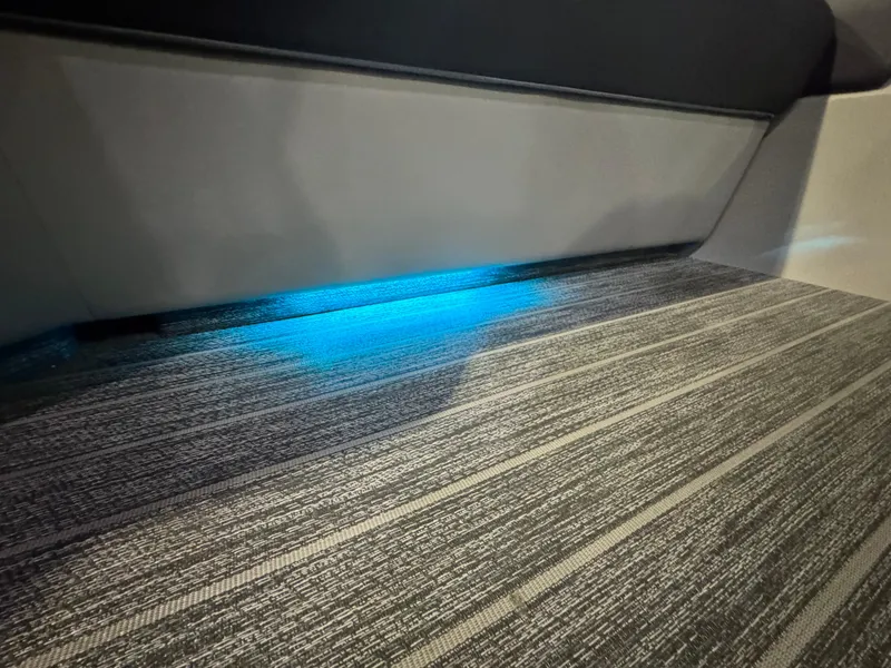 Slide: The Image of 2025 Premier 250 Solaris Rear Social interior with blue ambient lighting and textured flooring. - 22