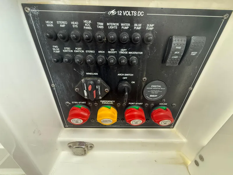 Slide: The Image of Control panel of a 2018 Monterey 298 Super Sport boat with various switches and indicators. - 27