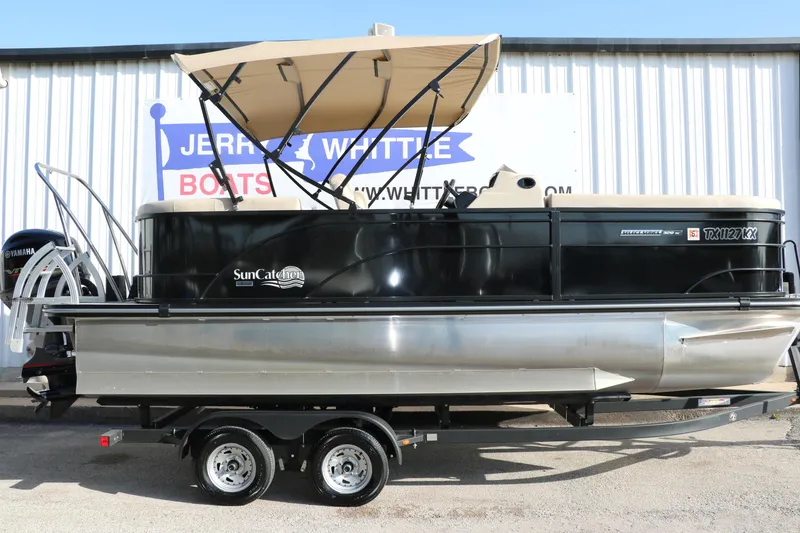 Slide: The Image of 2024 SunCatcher Select 320 RC pontoon boat with canopy on trailer. - 14