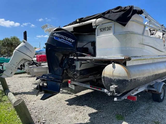 Slide: The Image of 2006 SunChaser 820 4pt Fish pontoon boat with Mercury outboard motor on trailer. - 3