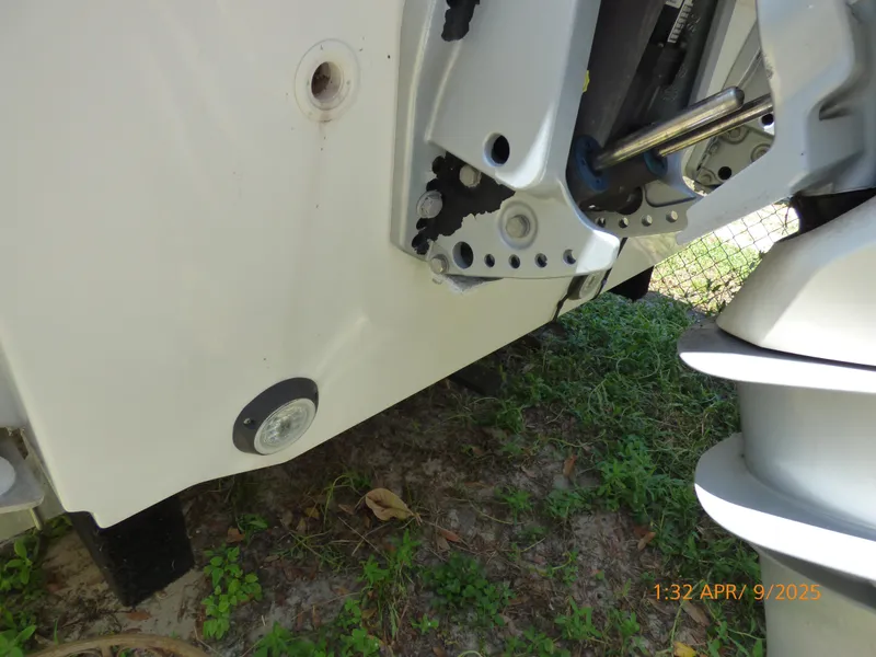 Slide: The Image of 2018 Boston Whaler 250 Outrage boat engine detail with visible components and grassy background. - 17