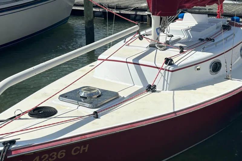 Slide: The Image of Red Hank Hinckley Great Harbor 26 Sloop, 2000 model, docked at marina. - 20