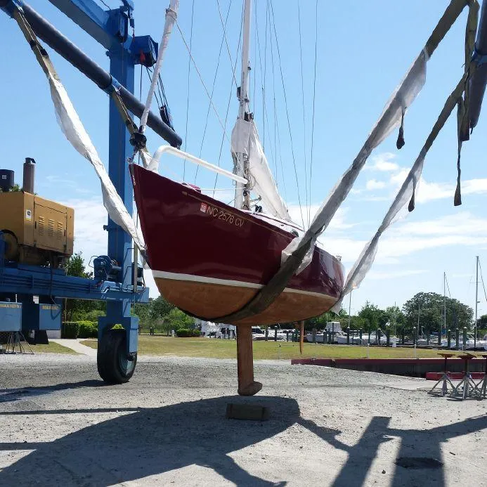 Slide: The Image of Hank Hinckley Great Harbor 26 Sloop, 2000, lifted by crane at marina. - 7