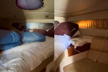 Slide: The Image of Interior cabin of 2007 Regal Commodore 3760 IB with cozy bedding and seating. - 15