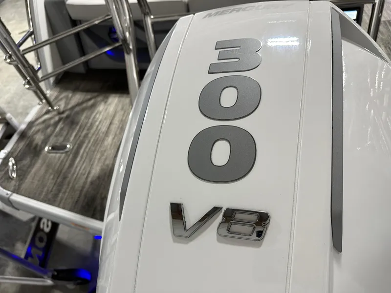 Slide: The Image of Outboard motor with "300 V8" label on a 2025 Godfrey AquaPatio 255 SFLW boat. - 13