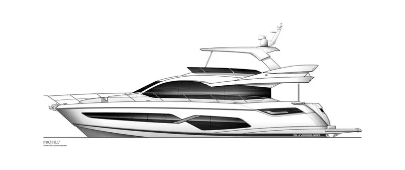 Slide: The Image of 2026 Sunseeker Manhattan 68 yacht, sleek design, side profile illustration. - 2