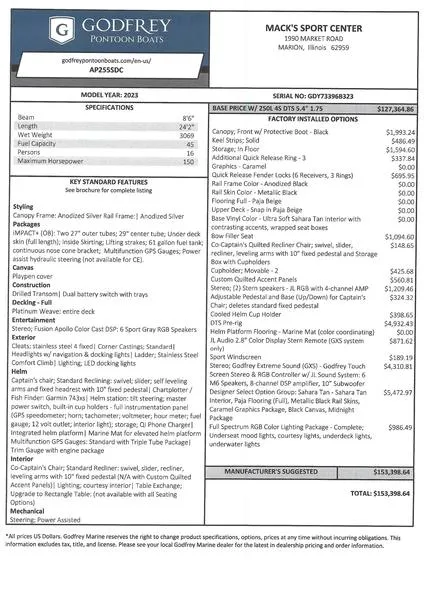 Slide: The Image of 2023 Godfrey Ap255sdc pontoon boat specifications and pricing details from Mack's Sport Center. - 19