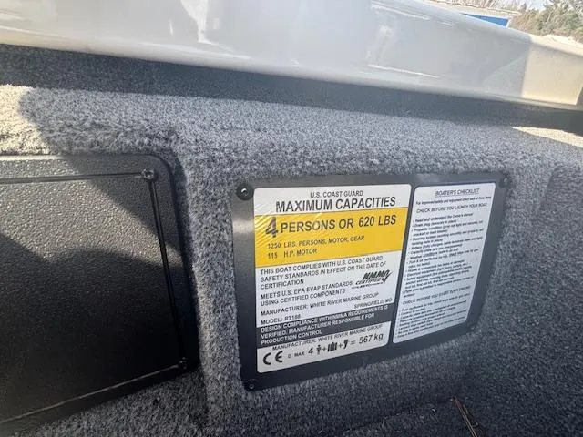 Slide: The Image of 2024 Ranger RT188 capacity label, maximum 4 persons or 620 lbs, U.S. Coast Guard compliant. - 14