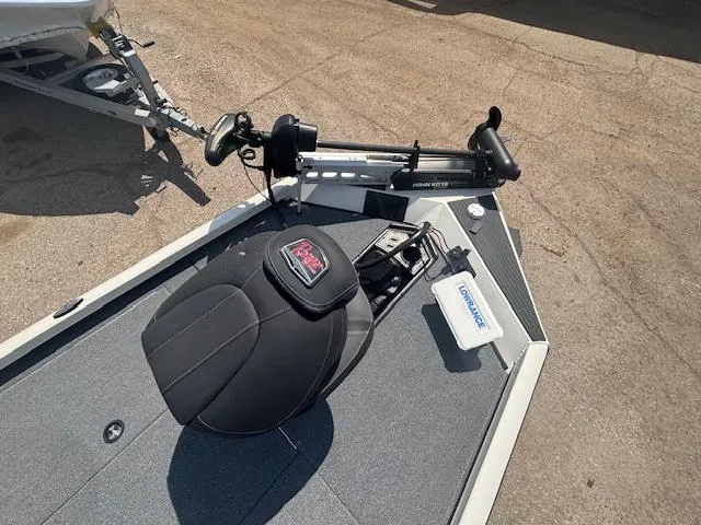 Slide: The Image of 2024 Ranger RT188 boat deck with trolling motor and seat, featuring Lowrance equipment. - 21