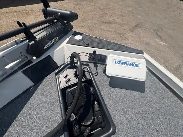 Slide: The Image of 2024 Ranger RT188 boat deck with Minn Kota trolling motor and Lowrance electronics. - 24