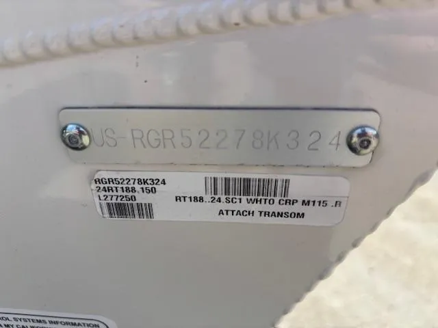 Slide: The Image of 2024 Ranger RT188 boat identification plate with serial number and model details. - 25