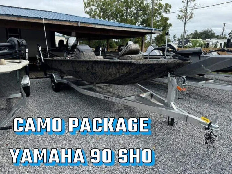 Slide: The Image of 2025 Xpress Xplorer XP180 boat with camo package and Yamaha 90 SHO engine. - 1