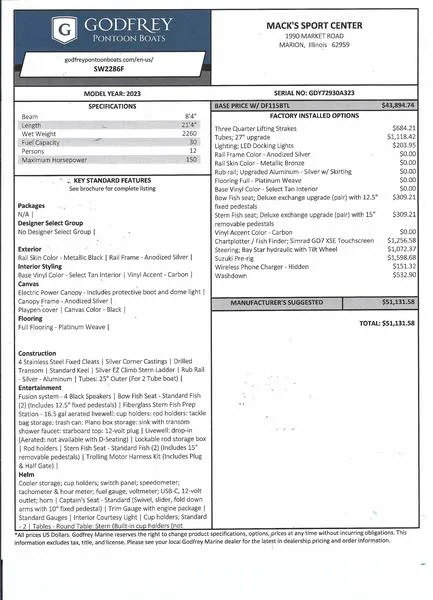 Slide: The Image of 2023 Godfrey Sweetwater SW2286F boat specifications and pricing details from Mack's Sport Center. - 12