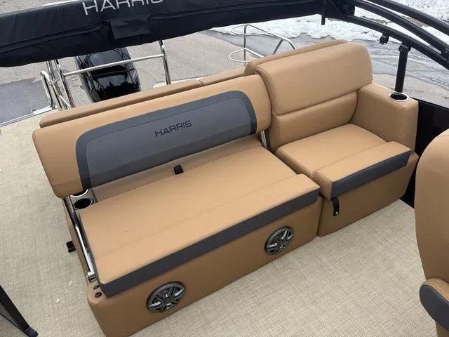 Slide: The Image of Luxurious seating on 2025 Harris CRUISER 230 SLDH pontoon boat with tan upholstery. - 15