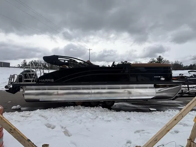 Slide: The Image of 2025 Harris CRUISER 230 SLDH pontoon boat on snowy ground under cloudy sky. - 5