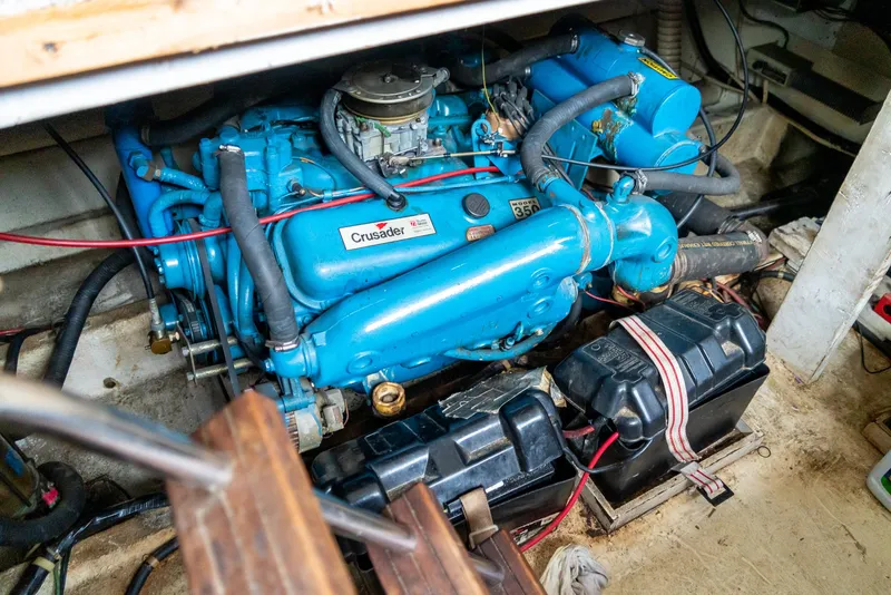 Slide: The Image of Engine compartment of 1985 Bluewater 46 Motor Yacht with Crusader engine. - 28