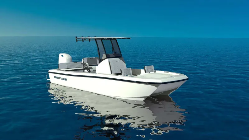 The Image of 2026 Twin Vee 22 Bay Cat boat on calm blue ocean waters. - 1
