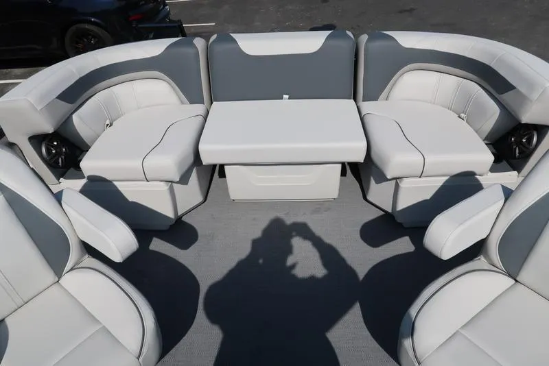 Slide: The Image of Interior of 2025 Godfrey Sweetwater 2286 QS pontoon boat with gray and white seating. - 24