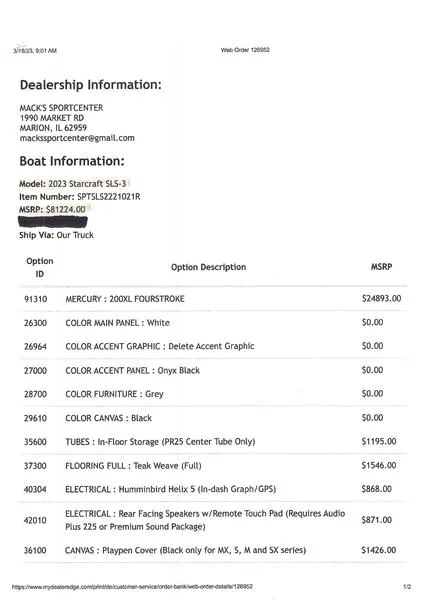 Slide: The Image of 2023 Starcraft SLS-3 boat order details with pricing and dealership information. - 16