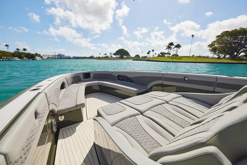 Slide: The Image of Luxurious 2025 Midnight Express 52' Vitesse boat interior on a sunny day. - 9