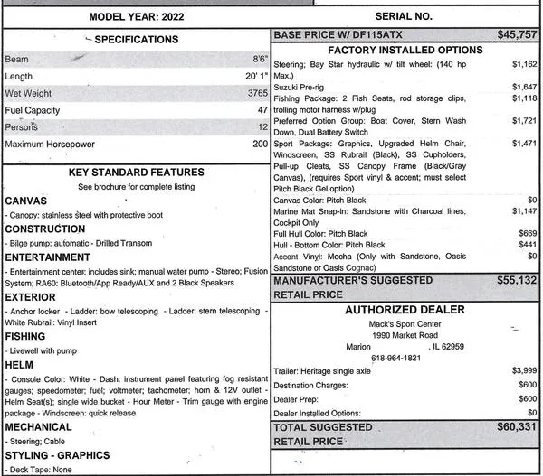 Slide: The Image of 2022 Hurricane SS 201 OB boat specifications and pricing details, including features and options. - 6