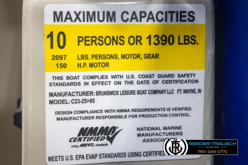 Slide: The Image of Capacity label for 2018 Cypress Cay 233 Seabreeze boat, max 10 persons or 1390 lbs. - 45