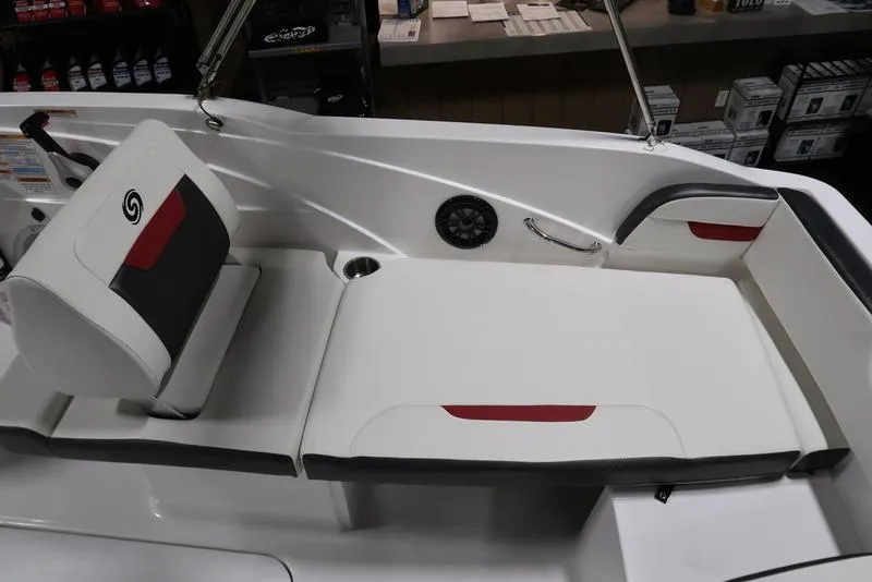 Slide: The Image of 2023 Hurricane SunDeck Sport 205 OB boat interior with white and red seating. - 10
