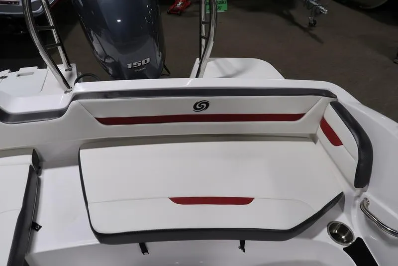 Slide: The Image of 2023 Hurricane SunDeck Sport 205 OB boat seating area with stylish red and white upholstery. - 9