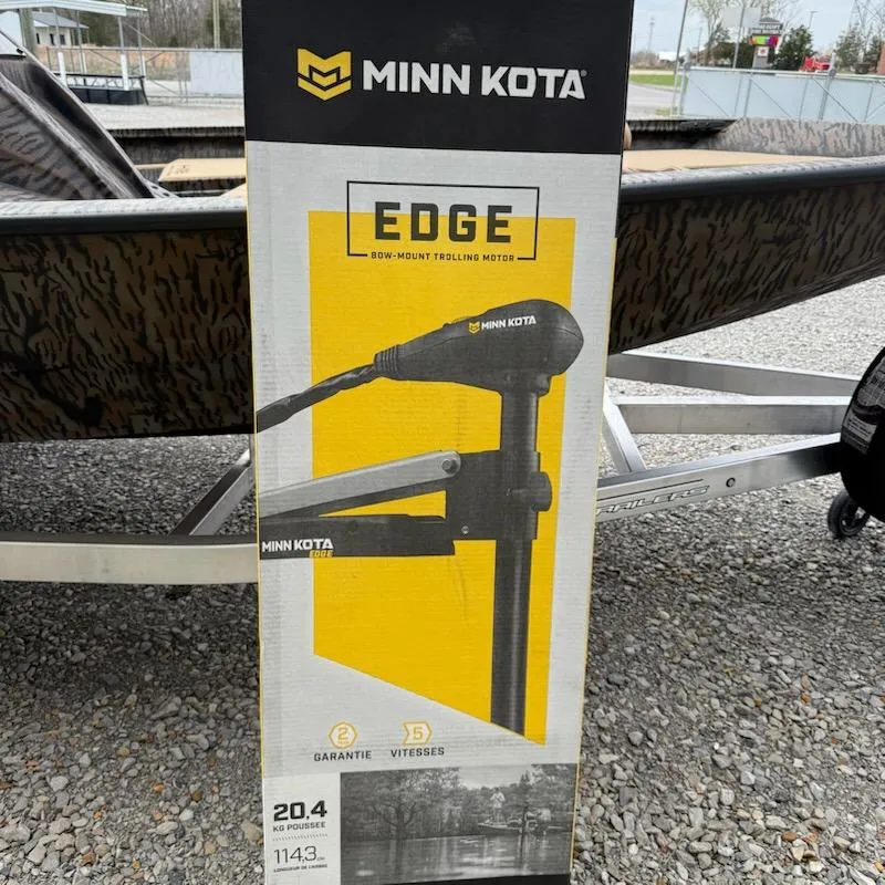 Slide: The Image of Box of Minn Kota Edge trolling motor beside Xpress H18 Bass boat, 2025 model. - 10