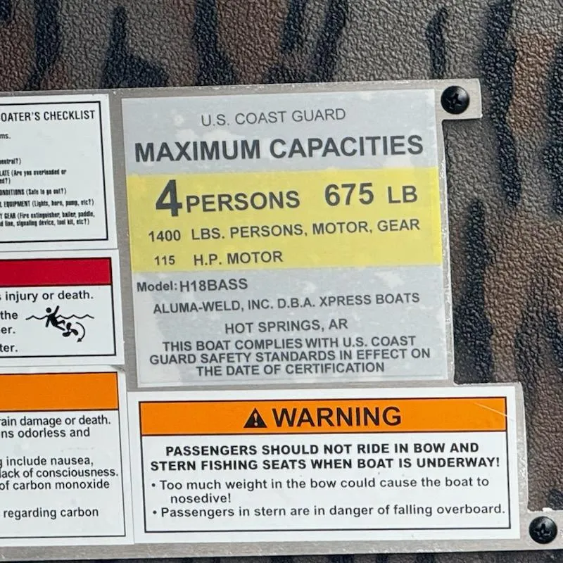 Slide: The Image of 2025 Xpress H18 Bass boat capacity label, 4 persons, 675 lbs, 115 HP motor warning. - 12