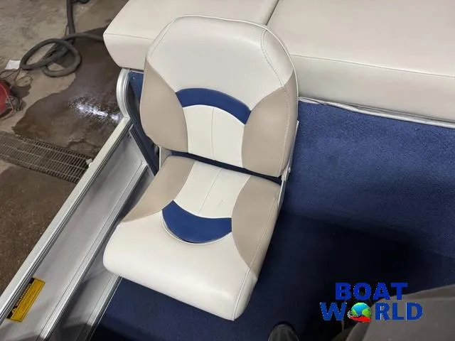 Slide: The Image of 2002 Godfrey 220 DF Pontoon seat with blue and beige upholstery, Boat World logo visible. - 35