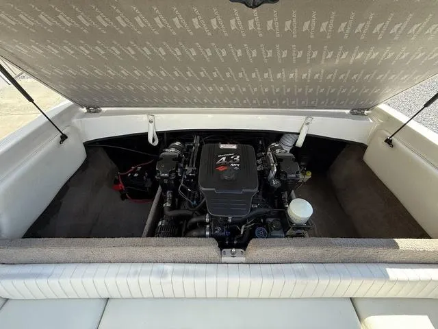 Slide: The Image of 2006 Stingray 195LR boat engine compartment with open hatch, showcasing the engine details. - 7