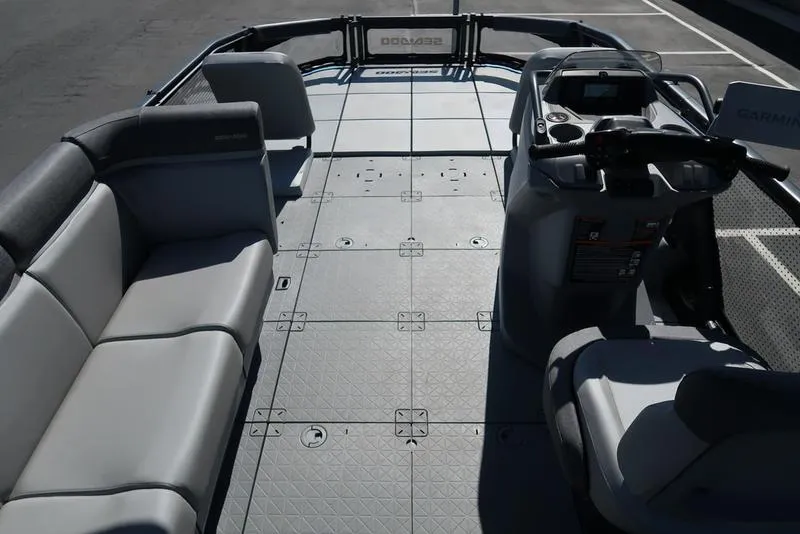 Slide: The Image of 2023 Sea-Doo Switch® Sport 21-230 hp Galvanized boat interior with seating and controls. - 16