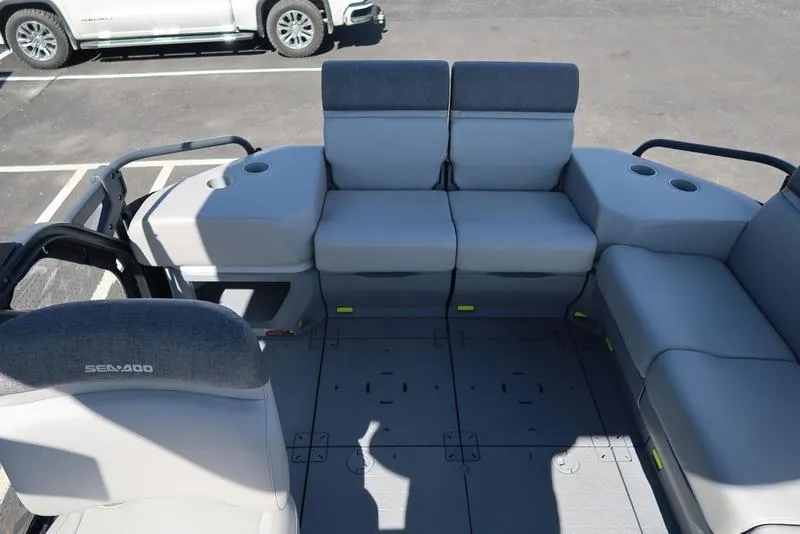 Slide: The Image of 2023 Sea-Doo Switch® Sport 21-230 hp Galvanized boat interior with gray seating. - 24