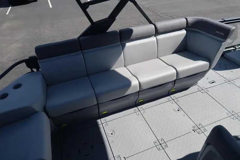 Slide: The Image of 2023 Sea-Doo Switch® Sport 21-230 hp Galvanized boat interior with gray seating. - 26