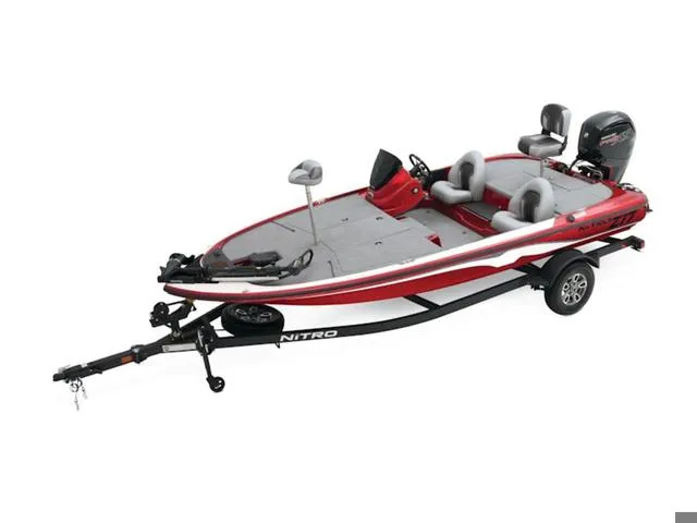 Slide: The Image of 2025 Nitro Z17 fishing boat with trailer, featuring sleek red design and modern seating. - 1