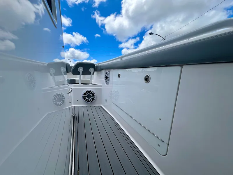 Slide: The Image of 2024 Everglades 285 Center Console boat interior with sleek design and modern features. - 23
