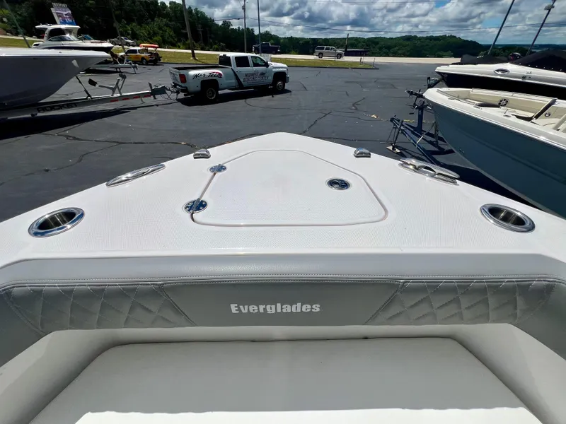 Slide: The Image of 2024 Everglades 285 Center Console boat at marina, featuring sleek design and spacious deck. - 40